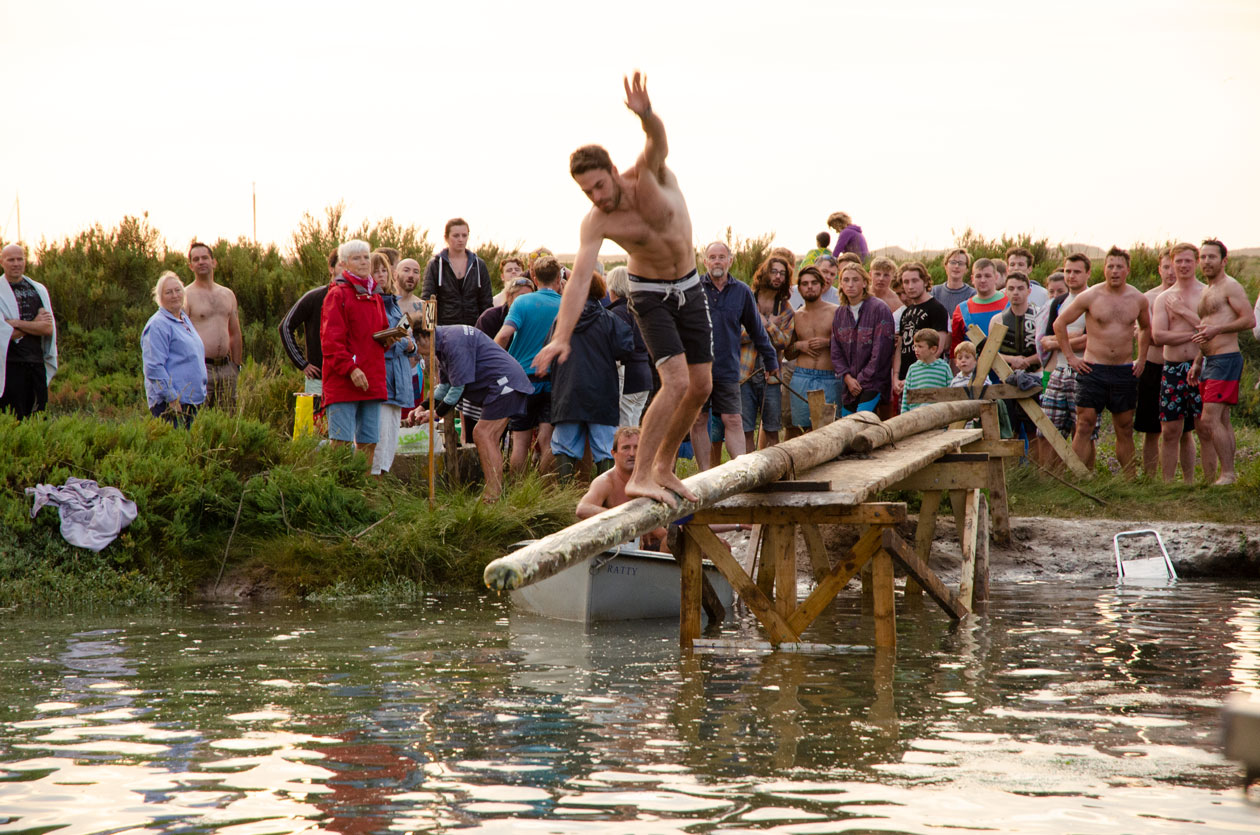 The Greasy Pole Challenge, Blakeney Quay, north Norfolk