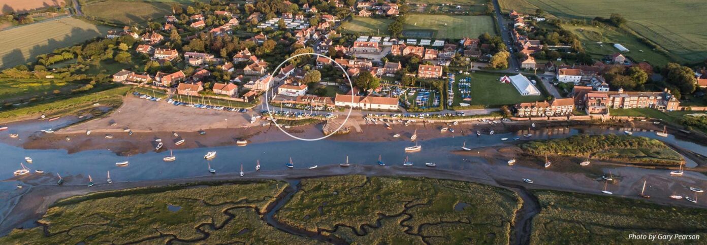 Burnham Overy Staithe, north Norfolk - aerial view showing Flagstaff Holidays